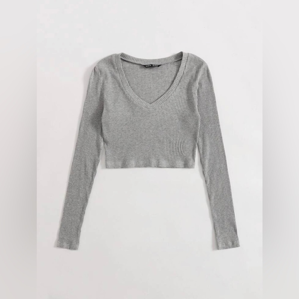 SHEIN V Neck Rib-Knit Crop Top